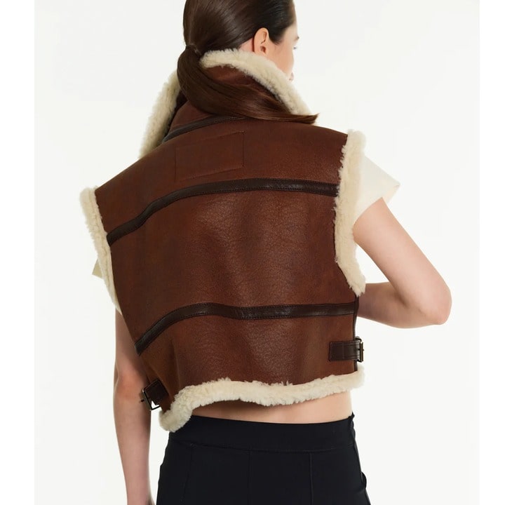 Arcane Fox - Women's Shearling Cropped Leather Vest In Dark Brown