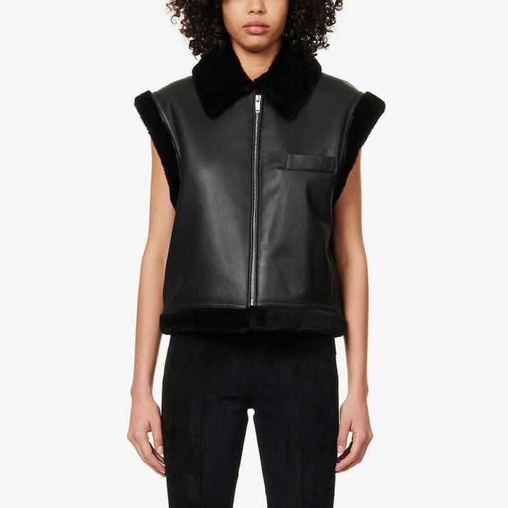 Arcane Fox - Women's Biker Leather Shearling Vest In Black