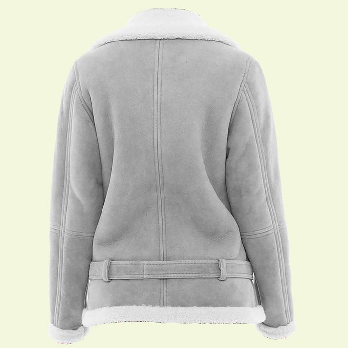 Arcane Fox - Women's Sheepskin B3 Leather Jacket In Gray With Belted Waist