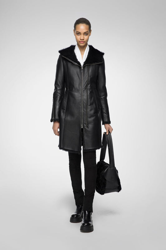 Women's Sheepskin Fur Leather Coat In Black With Hood Arcane Fox