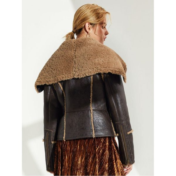 Arcane Fox - Women's Sheepskin Fur Leather Jacket In Coffee Brown With Oversized Collar