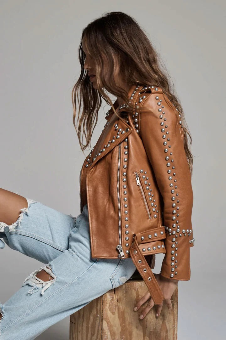 Women's Studded Biker Leather Jacket In Brown