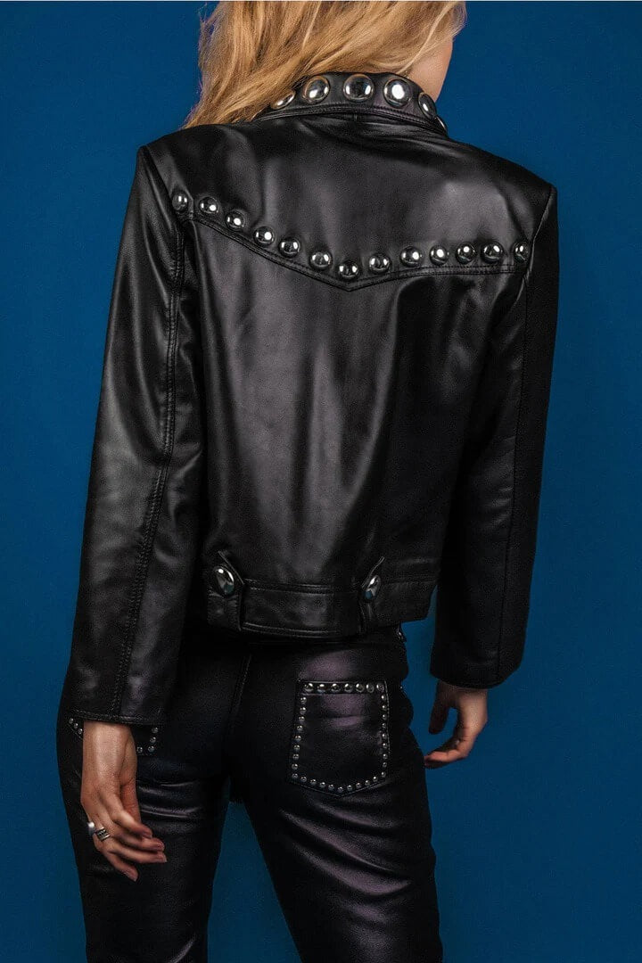 Arcane Fox - Women's Studded Motorcycle Leather Jacket In Black