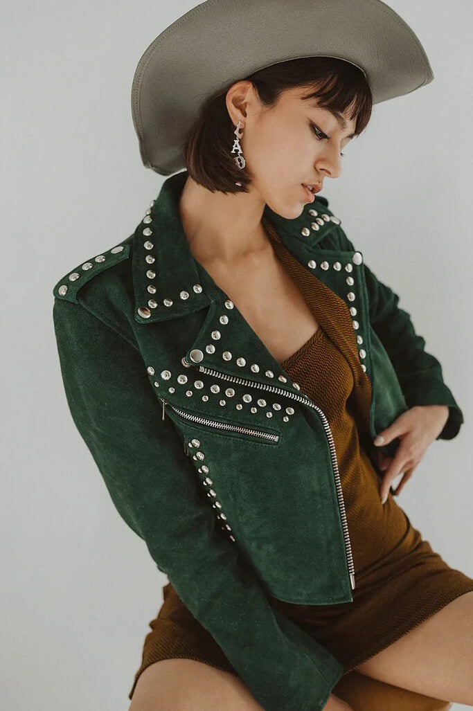 Arcane Fox - Women's Suede Studded Leather Jacket In Green