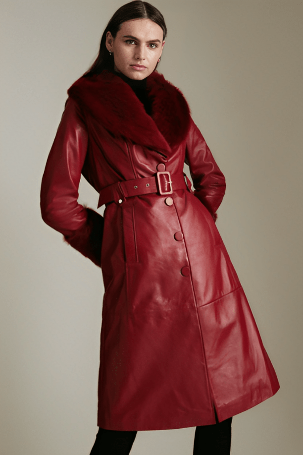 Red leather coat with on sale fur