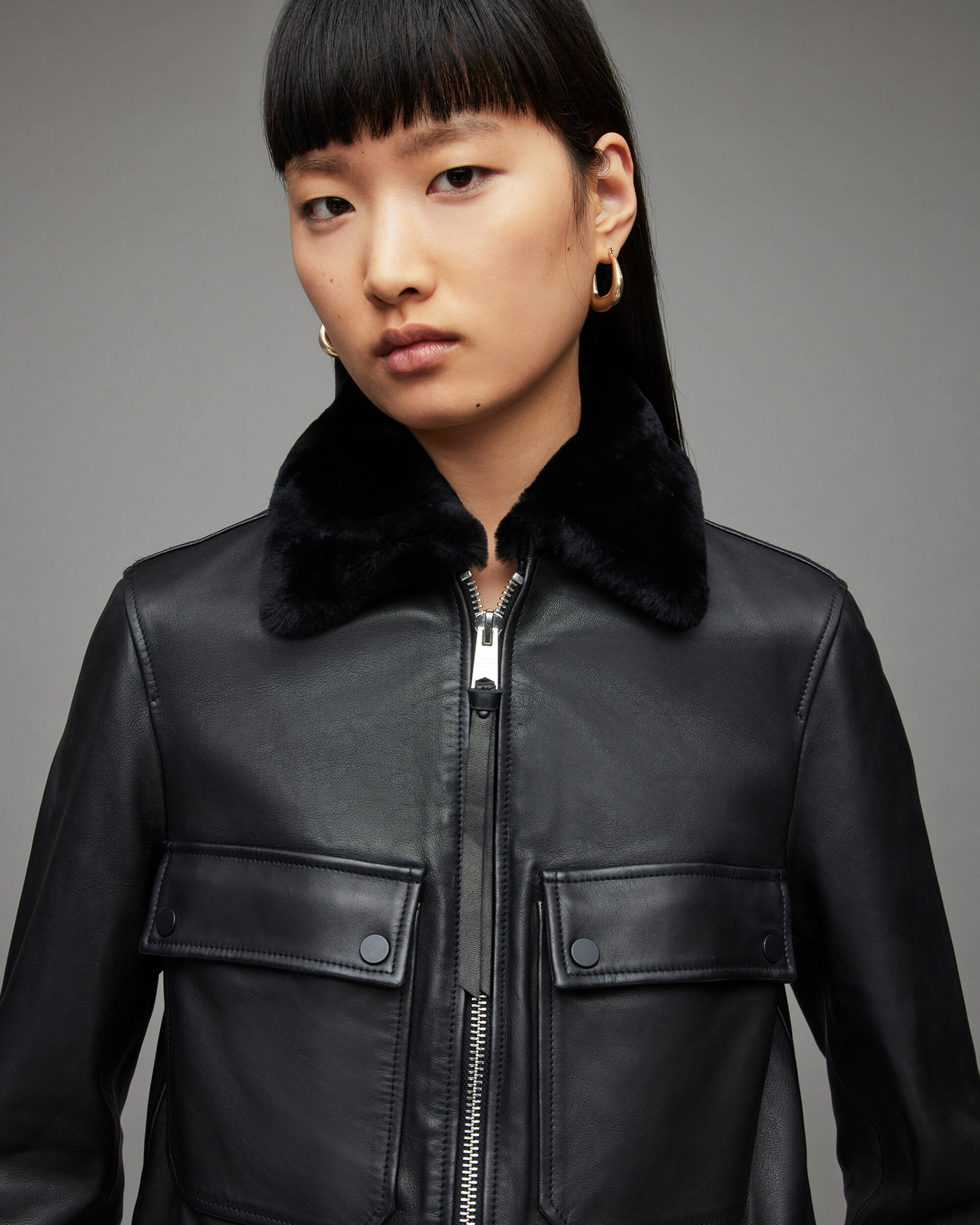 Women s Harrington Leather Jacket With Shearling Collar