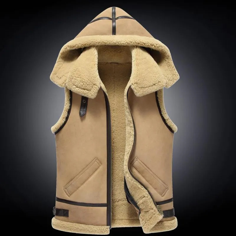 Mens shearling vest with on sale hood