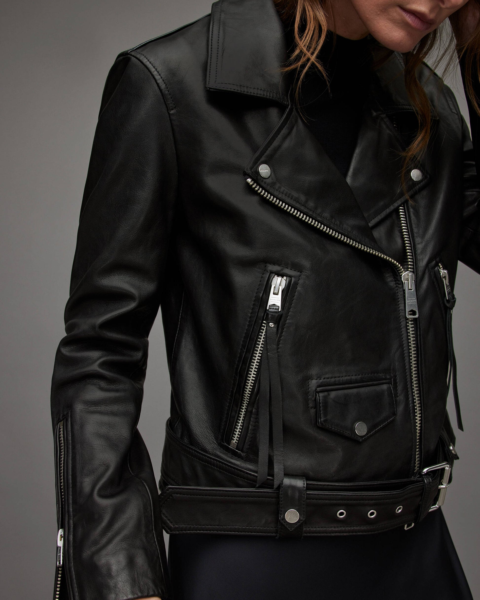 Women's Leather Biker Jacket In Black With Belt