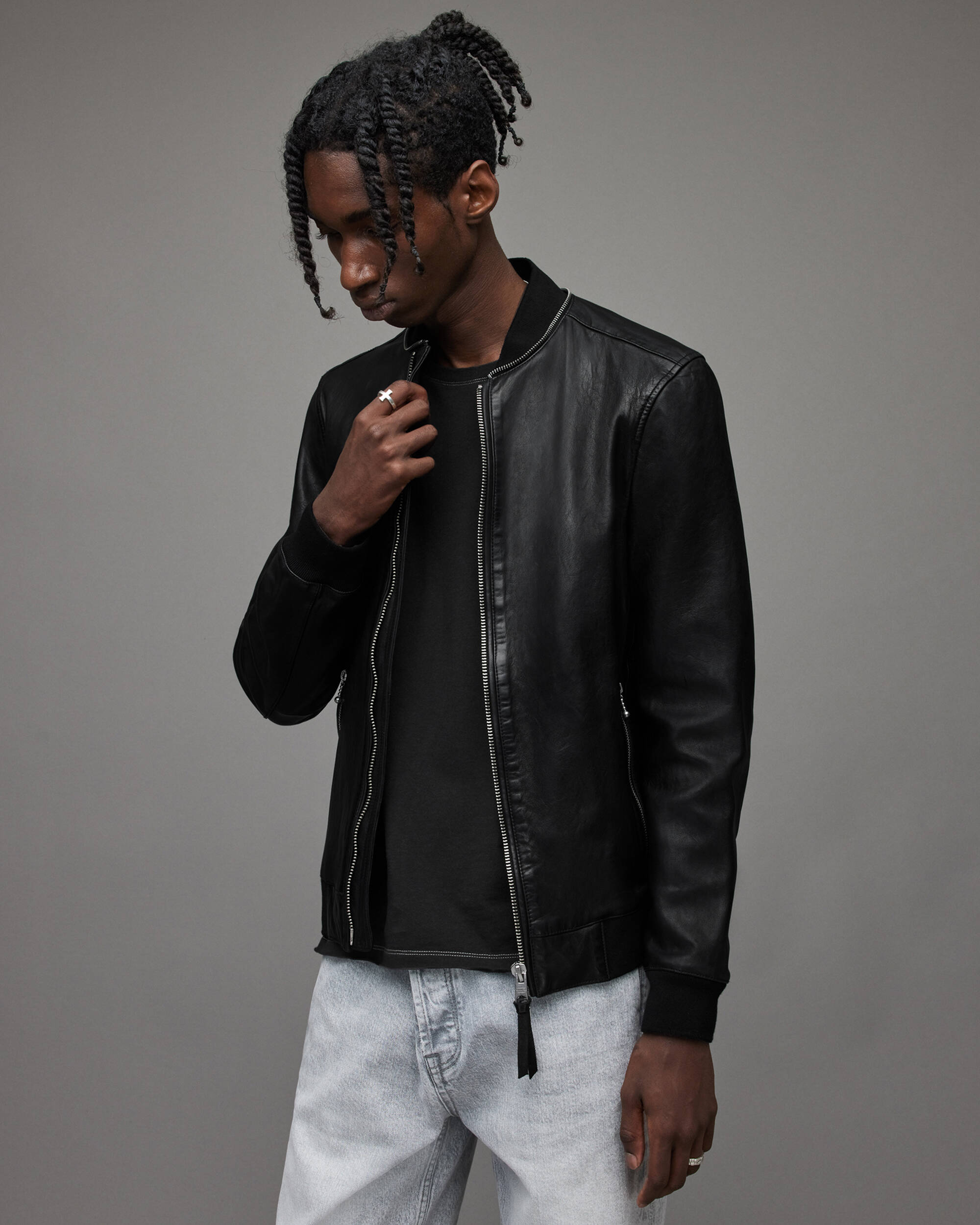 Men's Leather Bomber Jacket In Black With Dual Collar