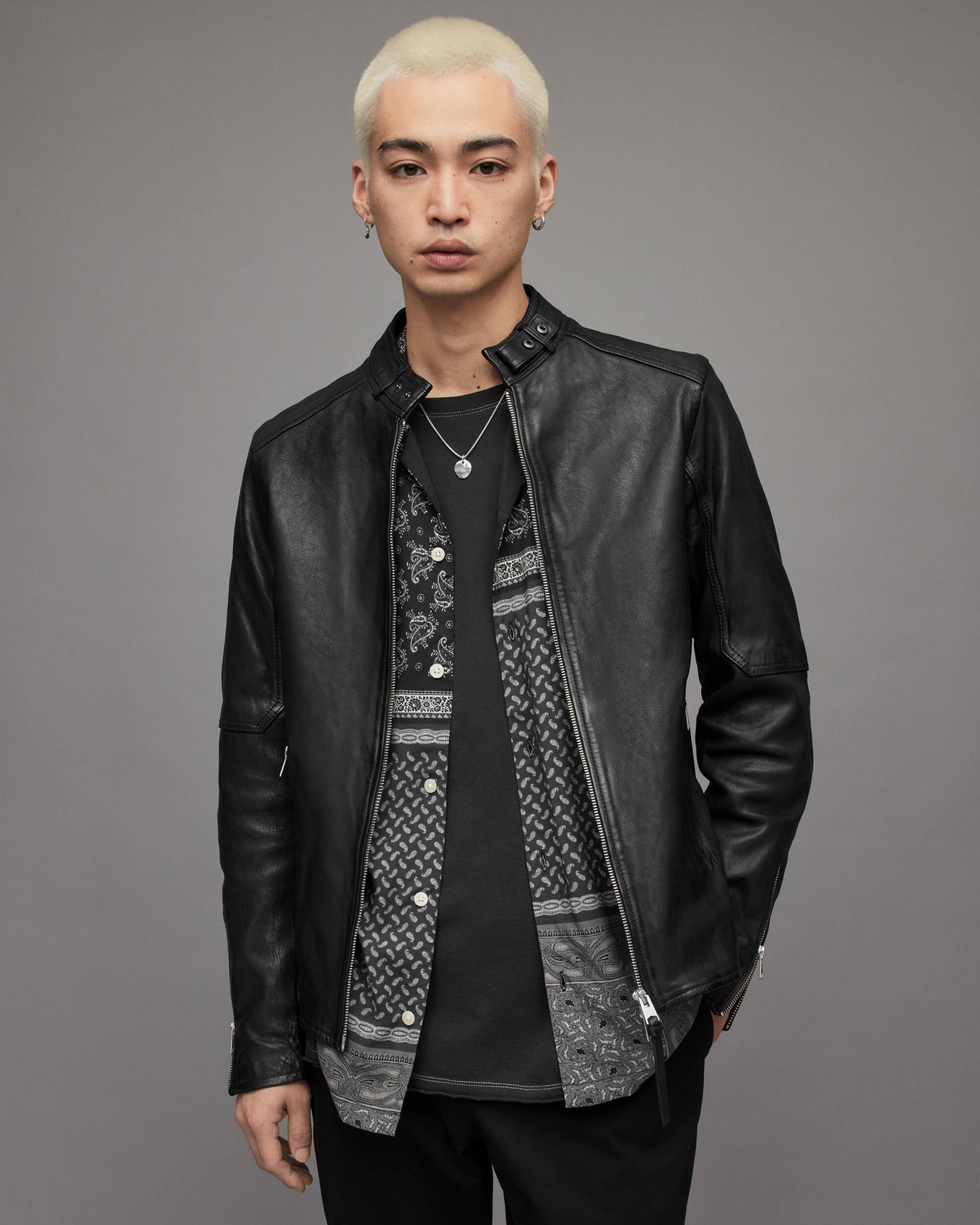 Leather Accent Snap Button Jacket - Luxury Black