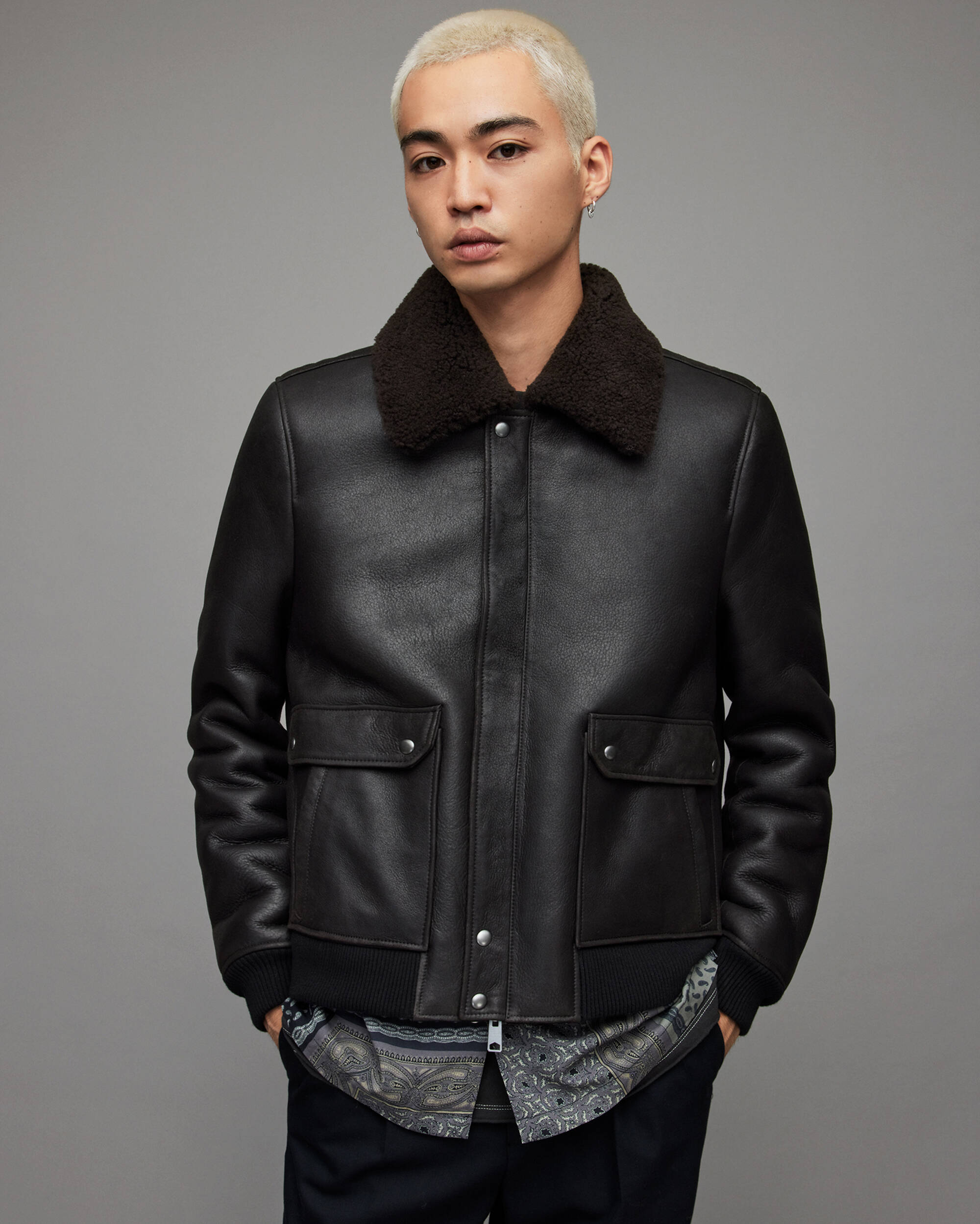 Mens Leather Shearling Bomber Jacket In Black 3887