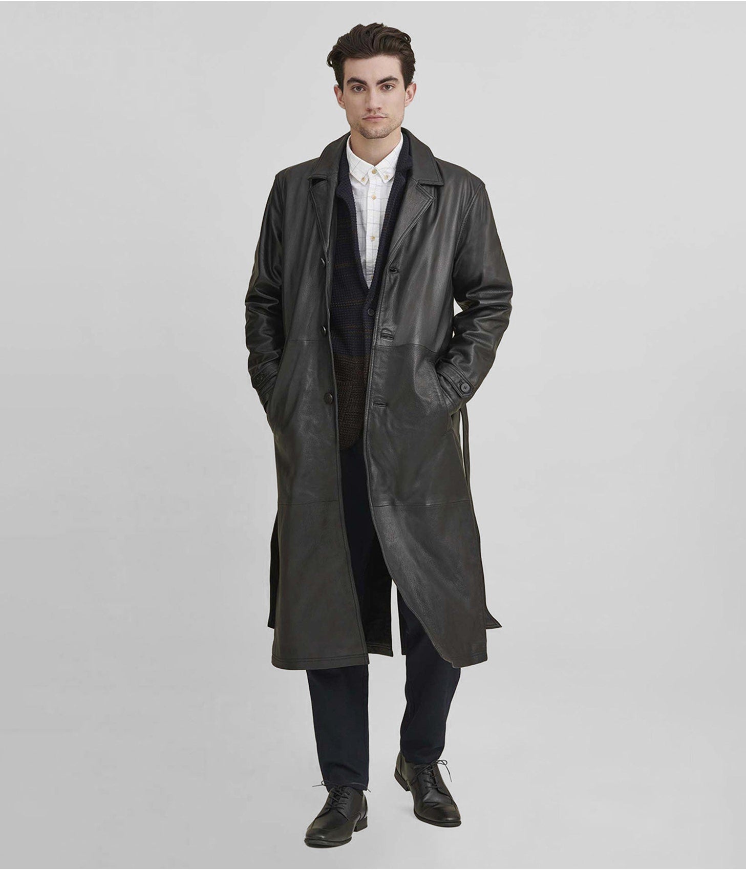 Long black leather on sale trench coat mens