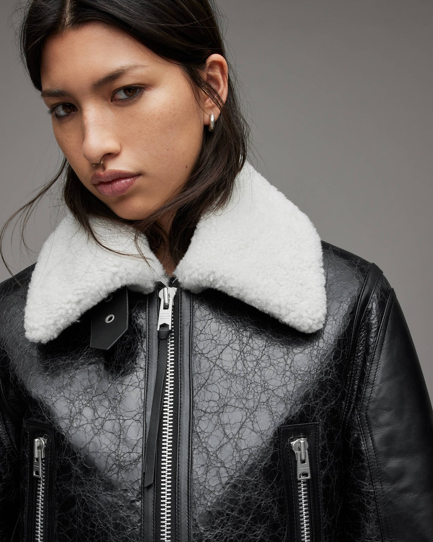 Women's Shearling Leather Jacket In Black With Crackle Texture