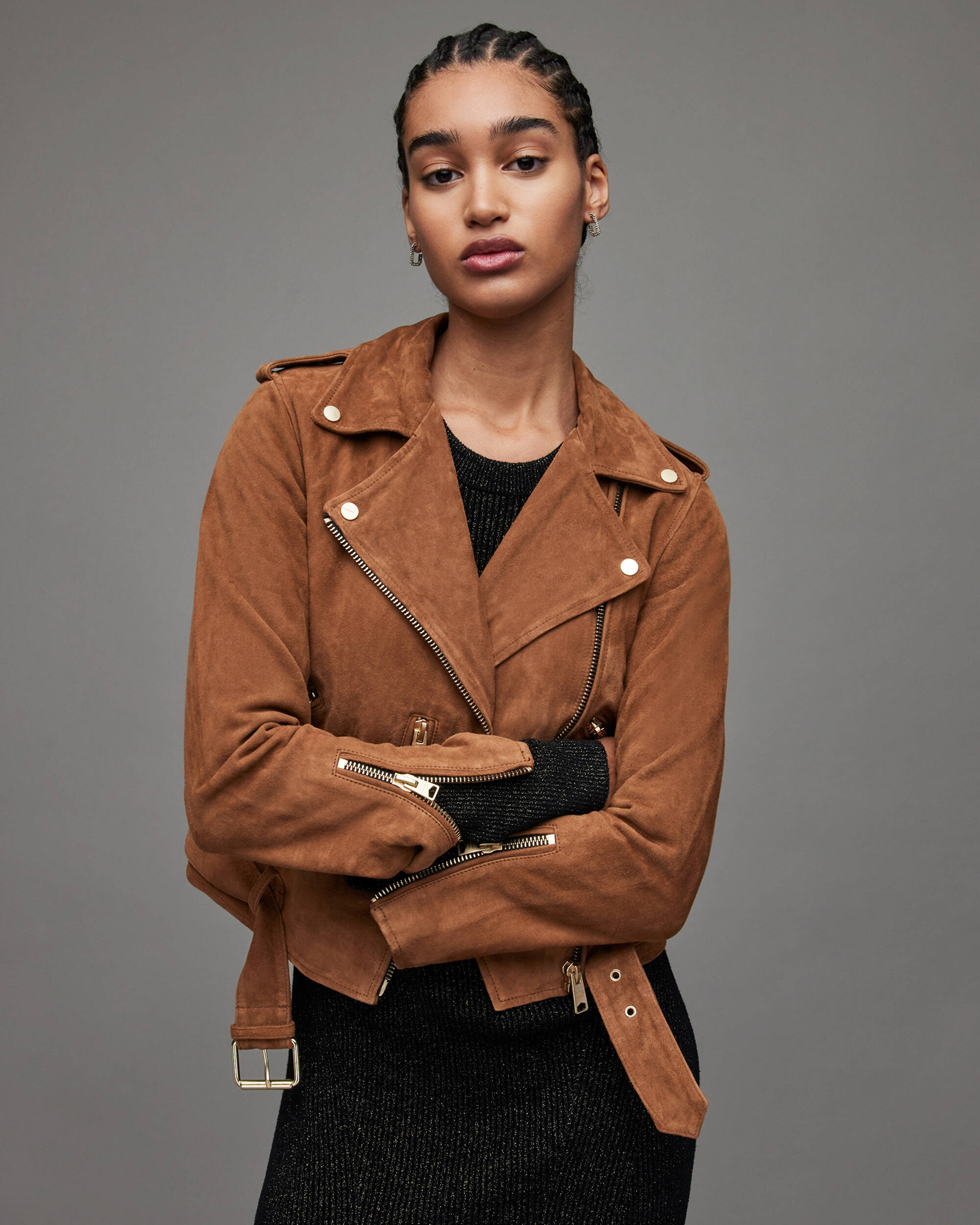 Women s Tan Brown Suede Leather Biker Jacket With Belt