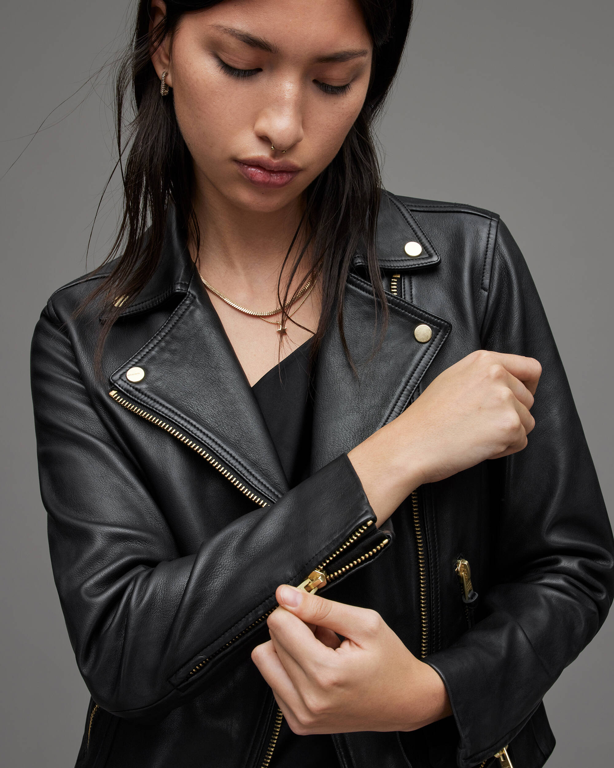 Womens black jacket with gold zipper sale